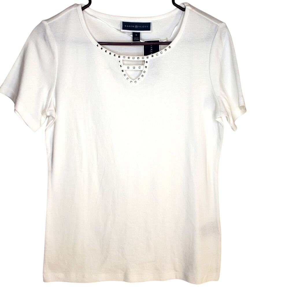 Karen Scott Short Sleeve Keyhole Scoop Neck Top Small NEW